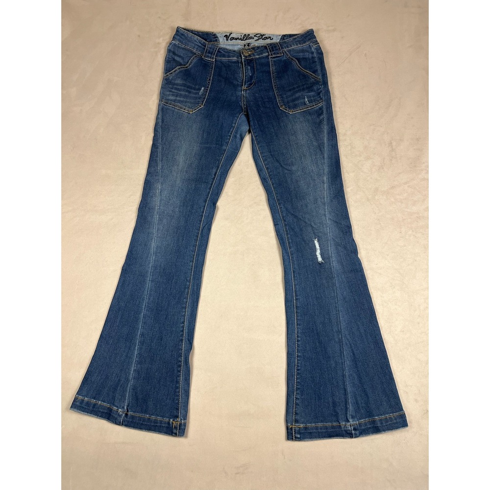 Vanilla Star Flare Jeans Womens 11 Medium Wash Low Rise Distressed Y2K Wide Leg